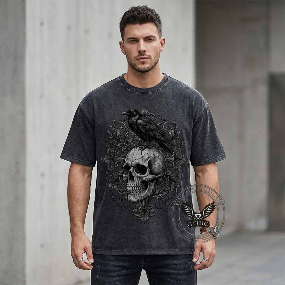 Gothic Raven Skull Cotton Vintage Washed T-shirt | Gthic.com