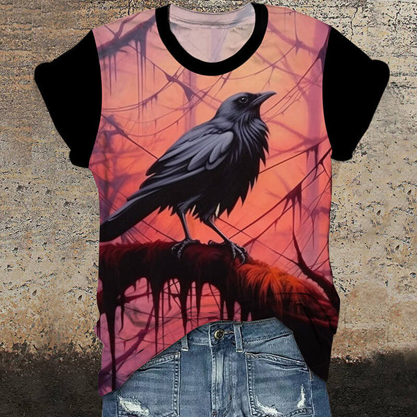 Gothic Raven Twilight Cotton Round Neck T-Shirt