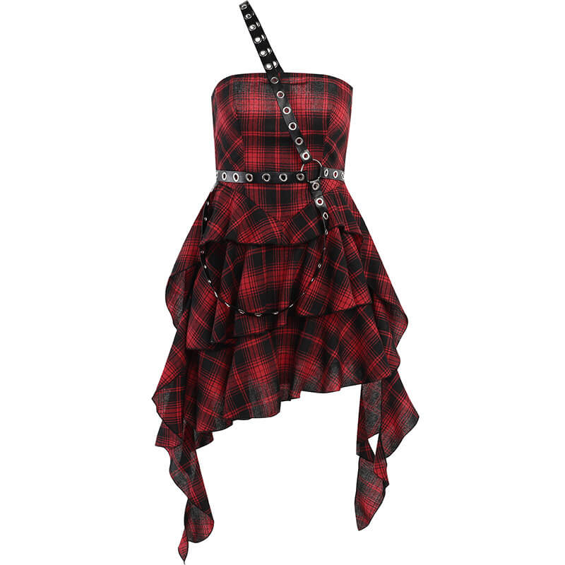 Gothic Red And Black Plaid One-Shoulder Dress | Gthic.com