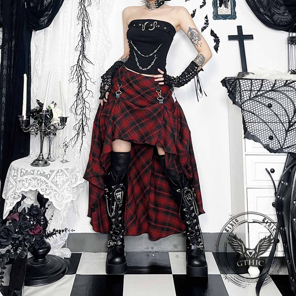 Gothic Red Checkered Irregular Adjustable Skirt | Gthic.com