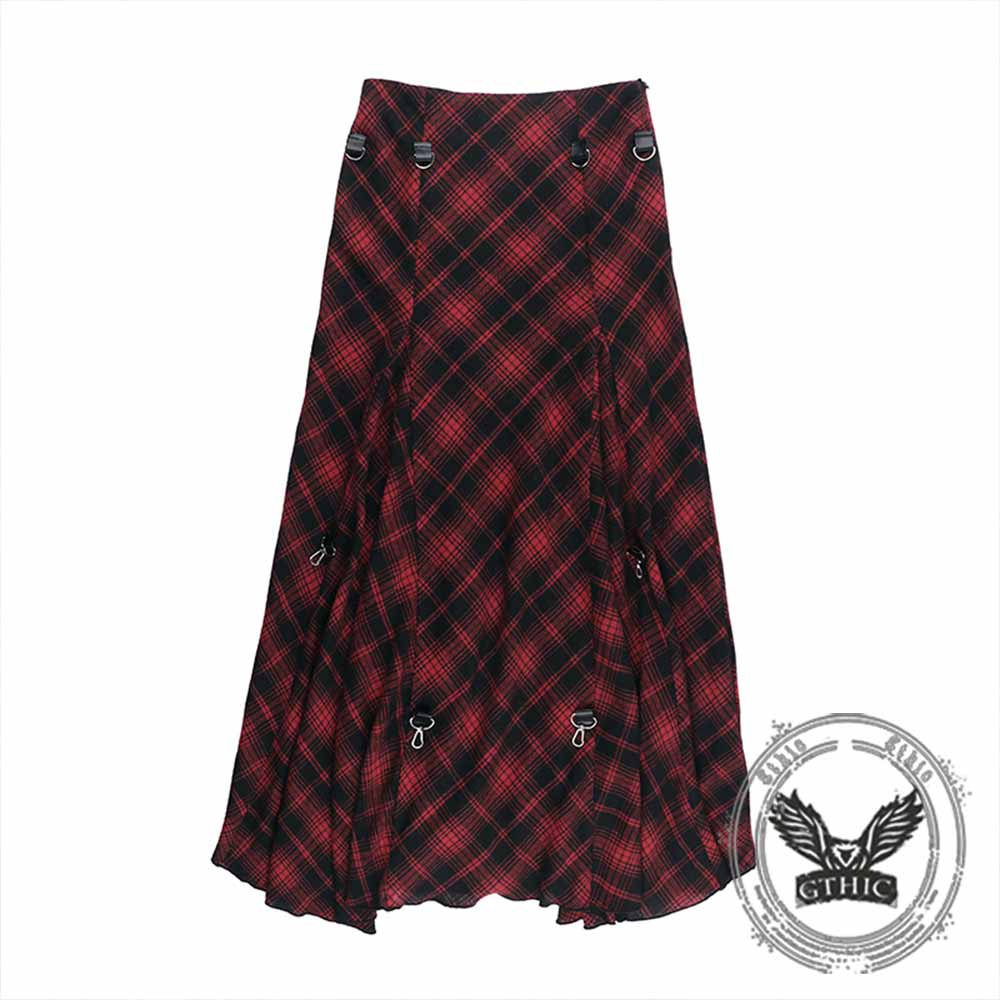 Gothic Red Checkered Irregular Adjustable Skirt | Gthic.com