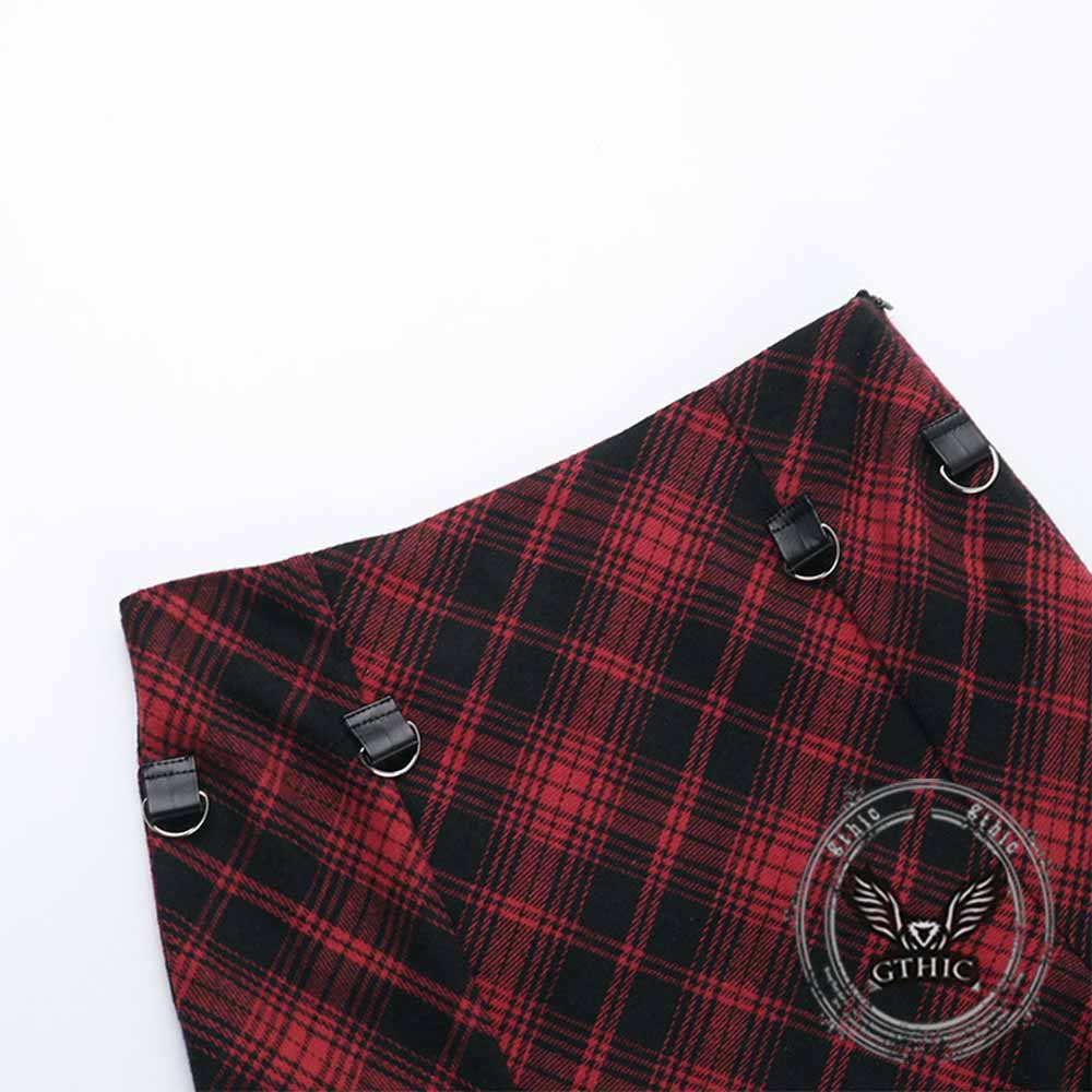 Gothic Red Checkered Irregular Adjustable Skirt