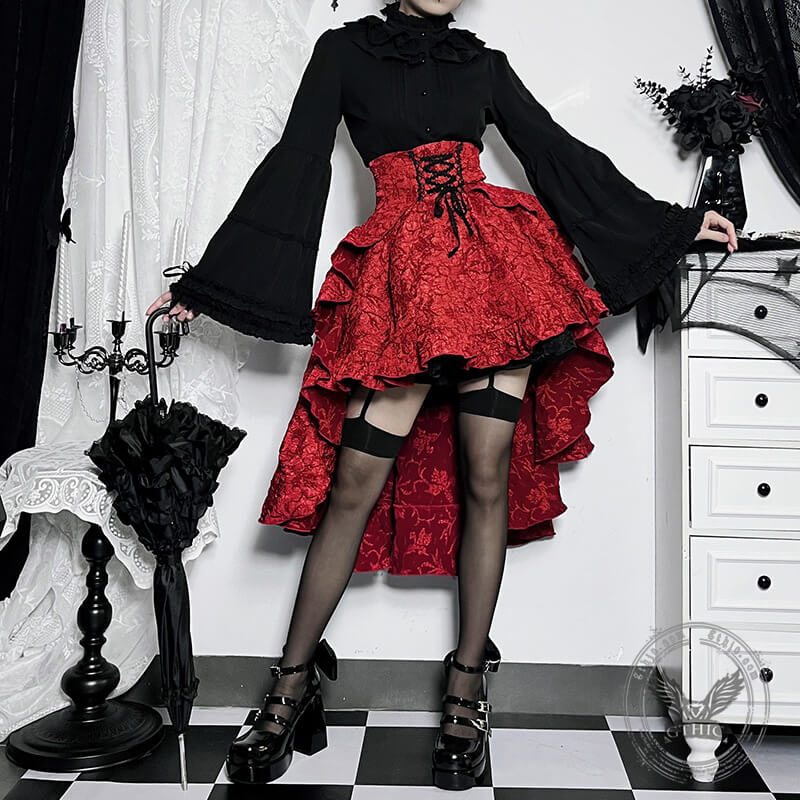 Gothic Red High Waist Lace Up Lolita Skirt | Gthic.com