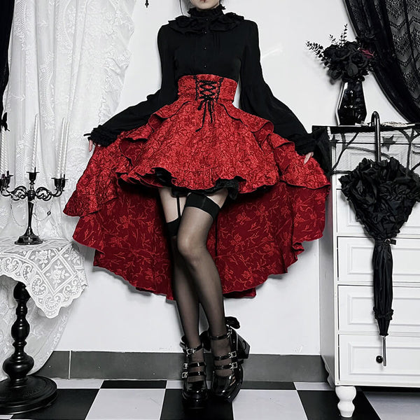 Gothic Red High Waist Lace Up Lolita Skirt | Gthic.com