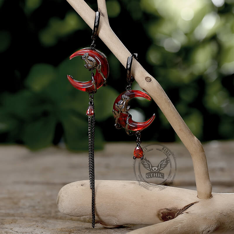 Gothic Red Moon Rose Alloy Earrings | Gthic.com