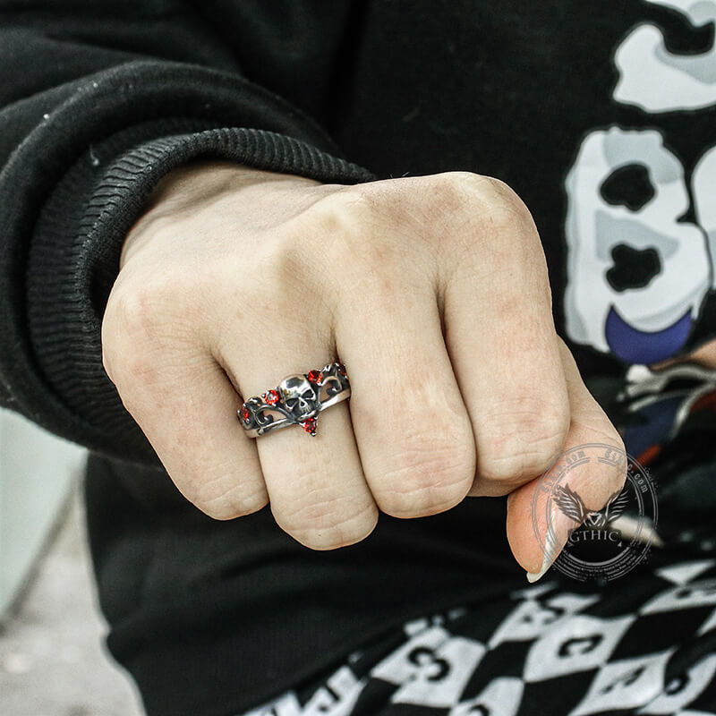 Gothic Red Stone Skull Stainless Steel Ring | Gthic.com