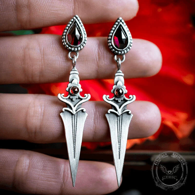 Gothic Red Zircon Dagger Alloy Earrings