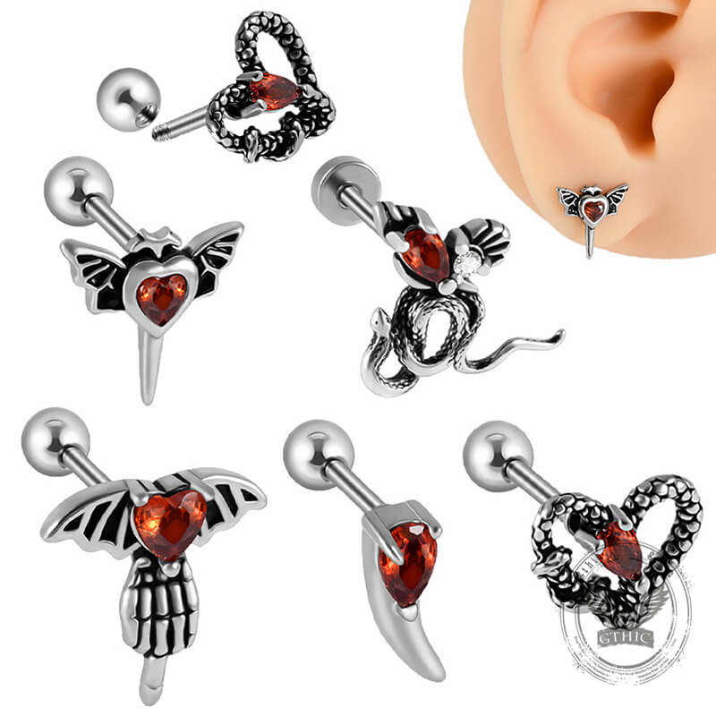 Gothic Red Zircon Snake Stainless Steel Animal Piercing Earring | Gthic.com