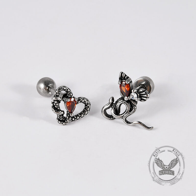 Gothic Red Zircon Snake Stainless Steel Animal Piercing Earrings