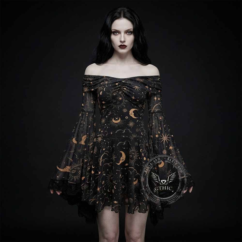 Gothic Retro Mystical Star Moon Bell-Sleeve Dress | Gthic.com
