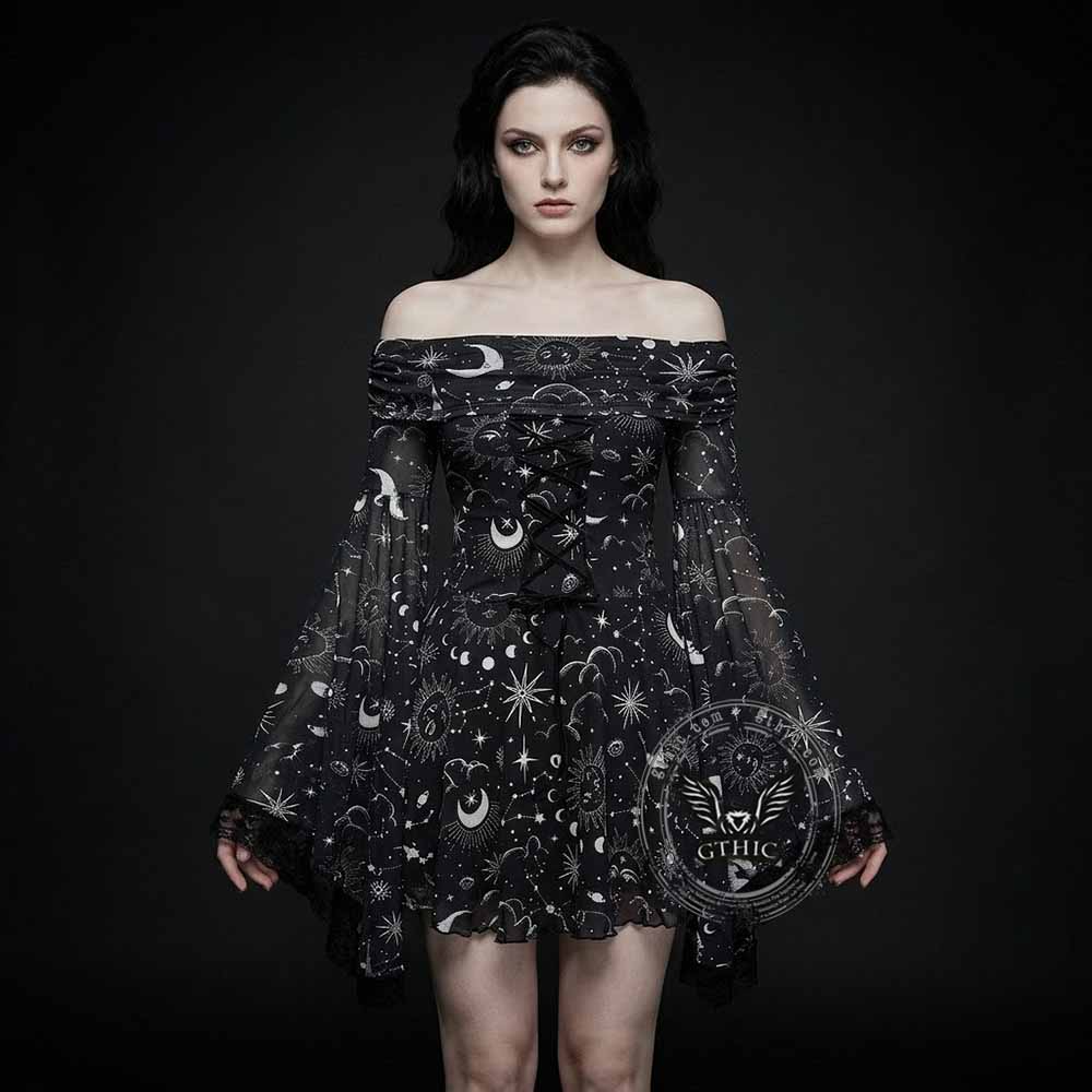 Gothic Retro Mystical Star Moon Bell-Sleeve Dress | Gthic.com