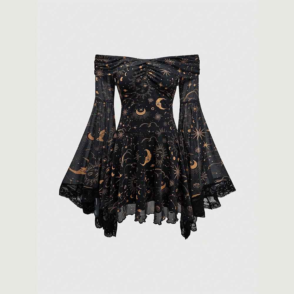 Gothic Retro Mystical Star Moon Bell-Sleeve Dress | Gthic.com