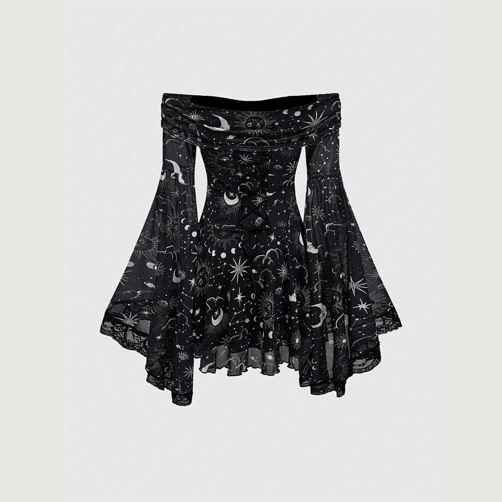 Gothic Retro Mystical Star Moon Bell-Sleeve Dress