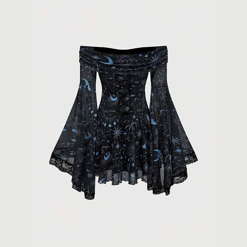 Gothic Retro Mystical Star Moon Bell-Sleeve Dress