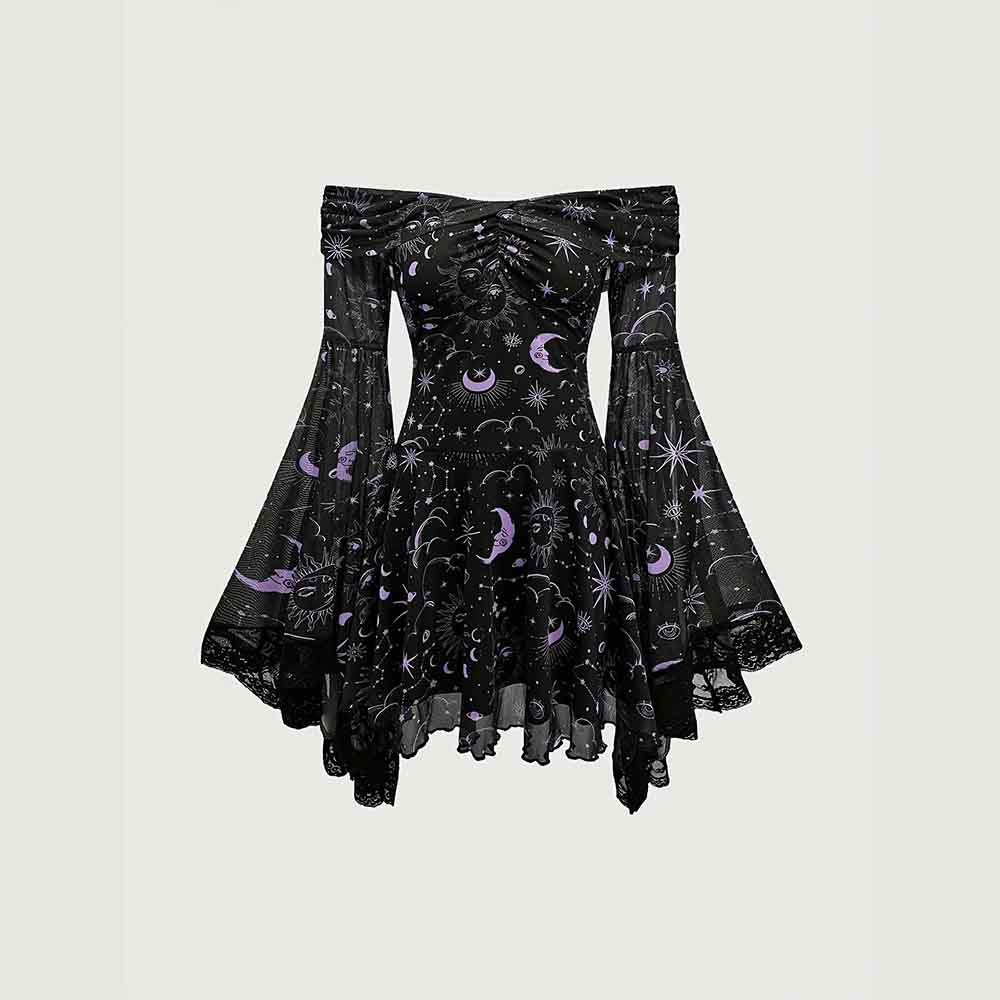 Gothic Retro Mystical Star Moon Bell-Sleeve Dress