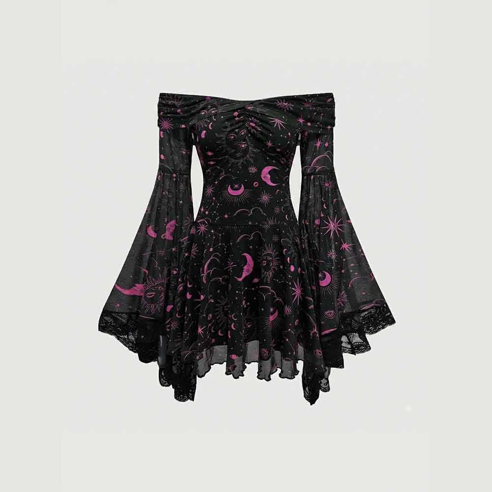 Gothic Retro Mystical Star Moon Bell-Sleeve Dress