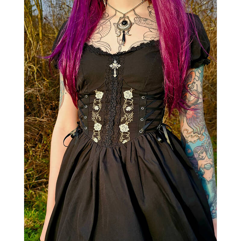 Gothic Rose Embroidered Off Shoulder Dress | Gthic.com