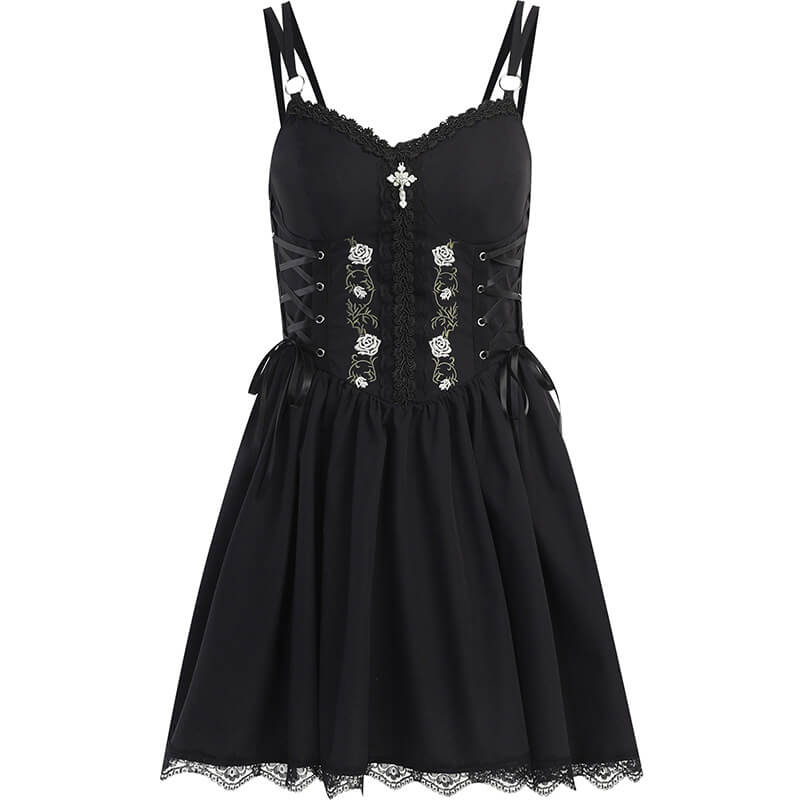 Gothic Rose Embroidered Off Shoulder Dress