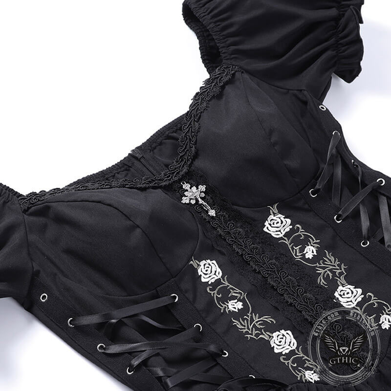 Gothic Rose Embroidered Off Shoulder Dress | Gthic.com