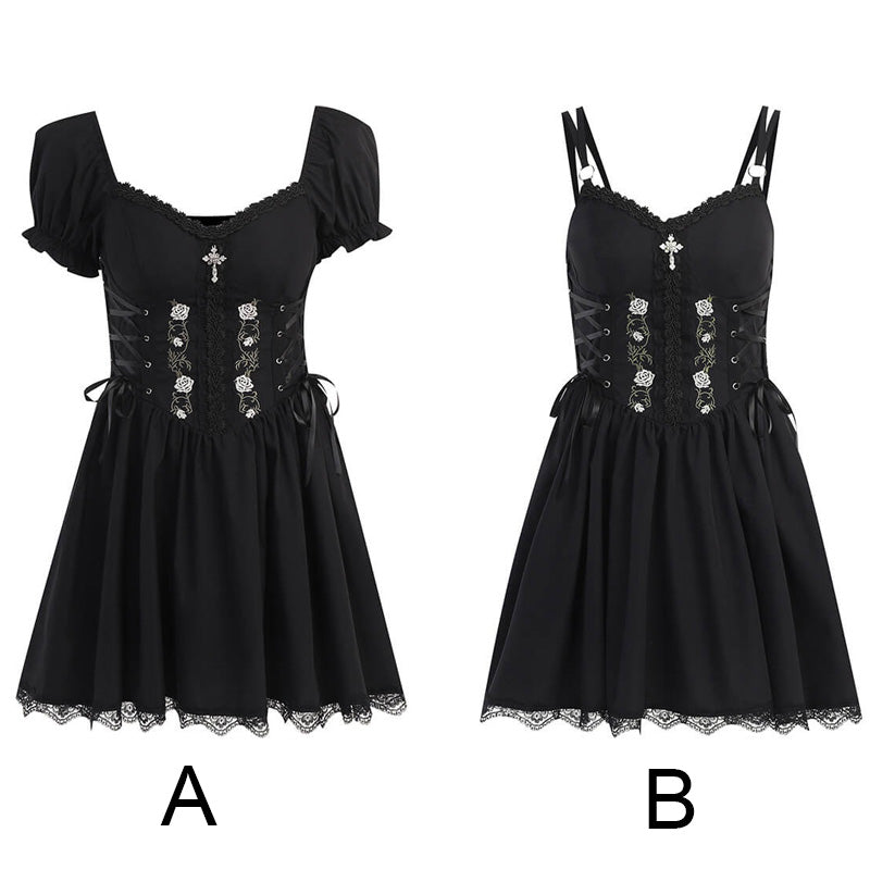 Gothic Rose Embroidered Off Shoulder Dress