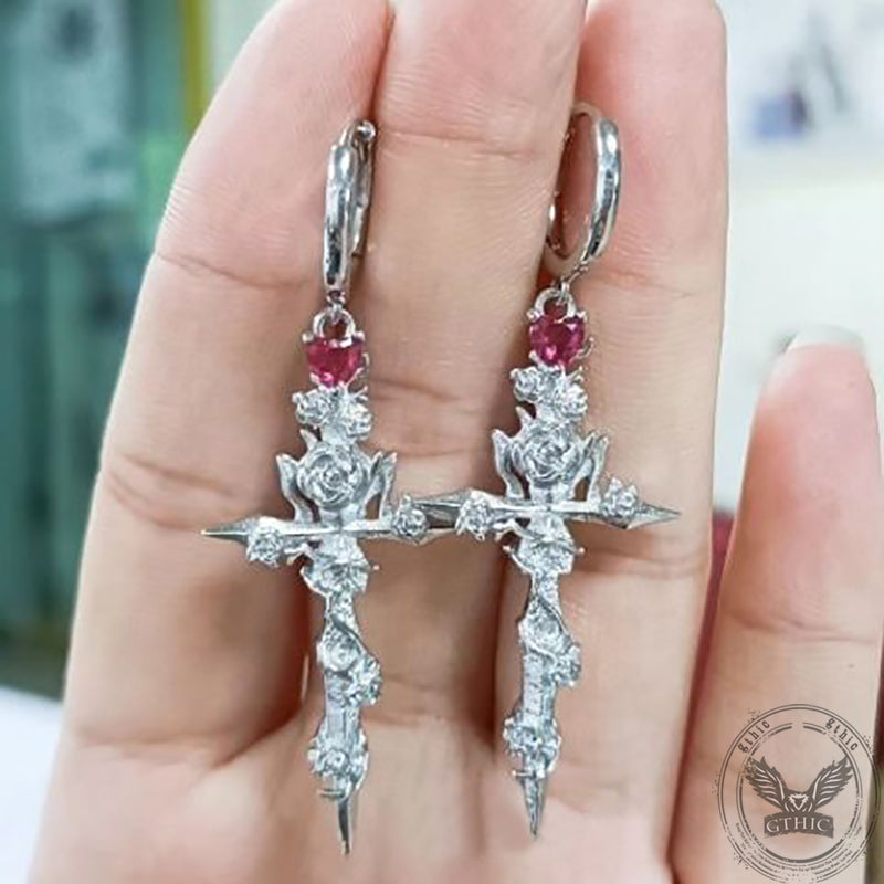 Gothic Rose Flower Cross Dangle Earrings