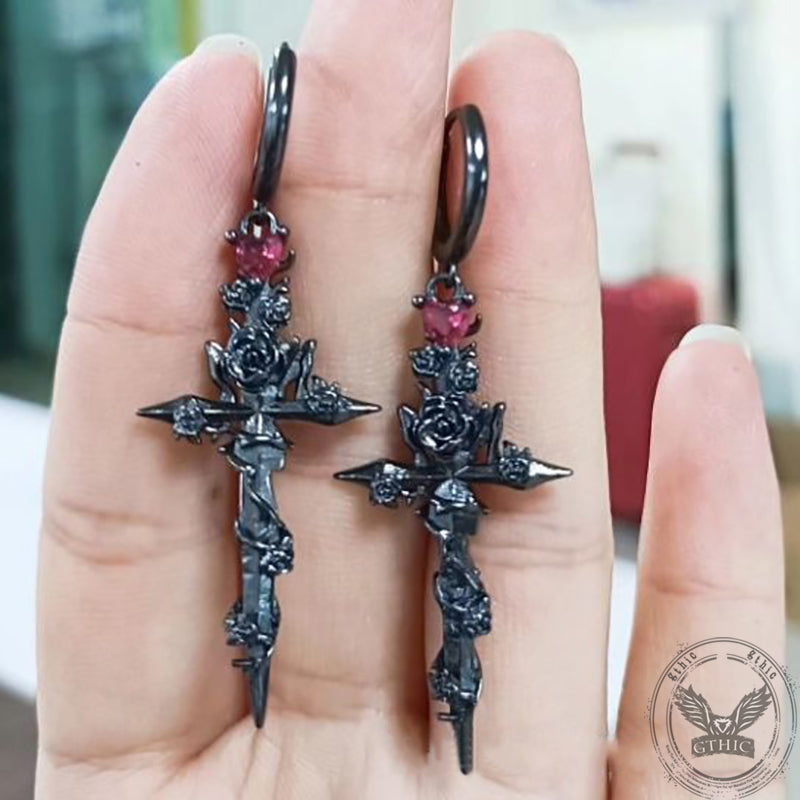 Gothic Rose Flower Cross Dangle Earrings