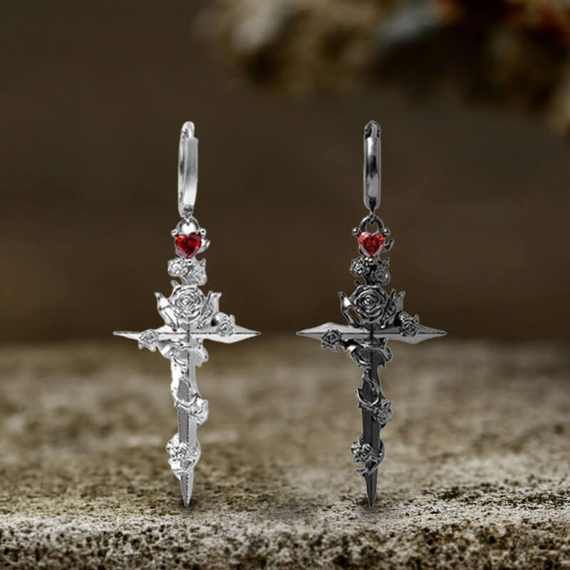 Gothic Rose Flower Cross Dangle Earrings | Gthic.com