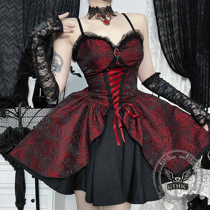 Gothic Rose Jacquard Y2K Lace-Up Slip Dress 01 | Gthic.com