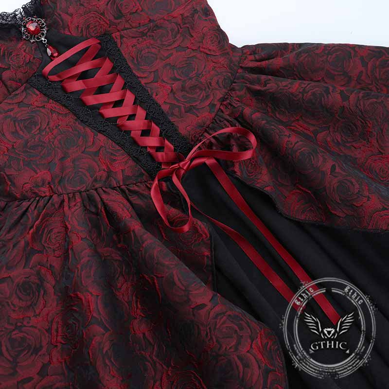 Gothic Rose Jacquard Y2K Lace-Up Slip Dress