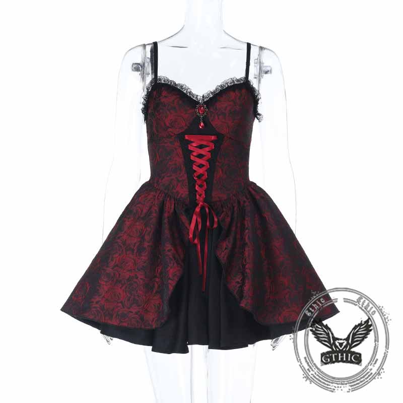 Gothic Rose Jacquard Y2K Lace-Up Slip Dress 03 | Gthic.com