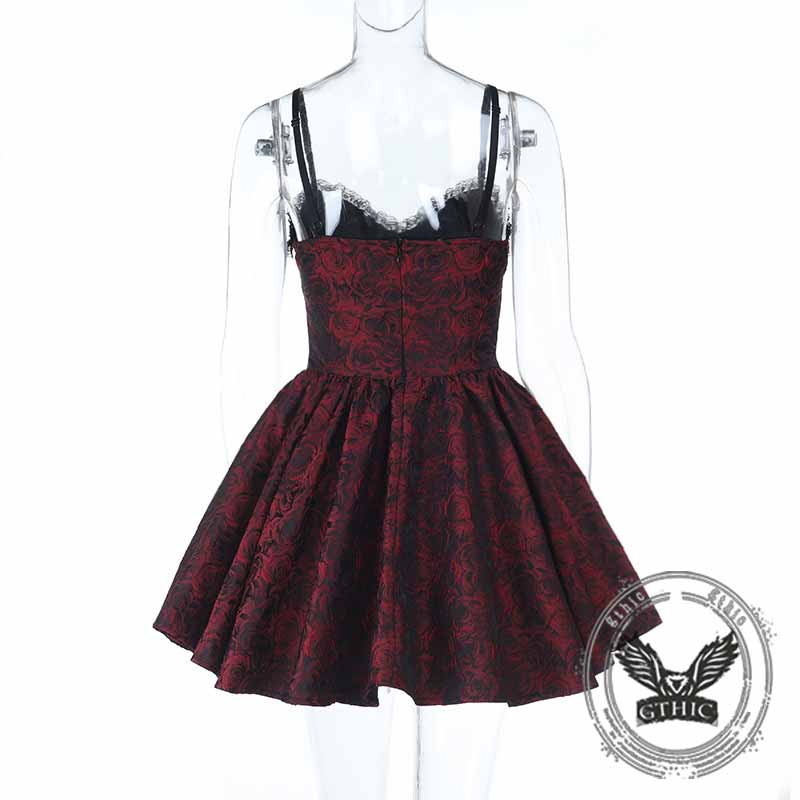 Gothic Rose Jacquard Y2K Lace-Up Slip Dress