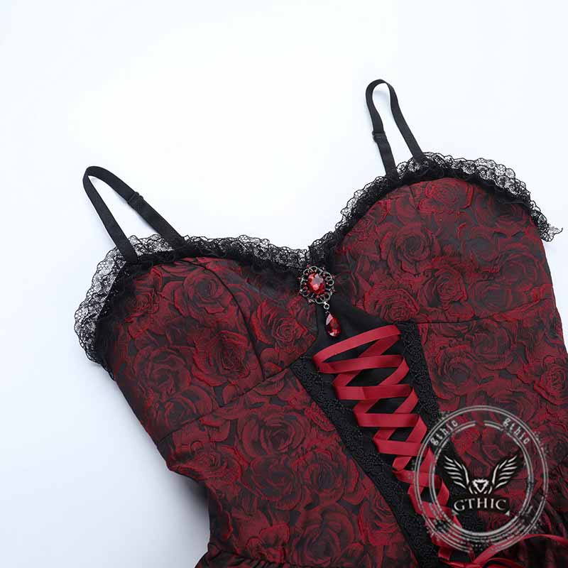 Gothic Red Rose Jacquard Y2K Lace-Up Slip Dress GTHIC Gothic Red Rose Jacquard Y2K Lace-Up Slip Dress GTHIC
