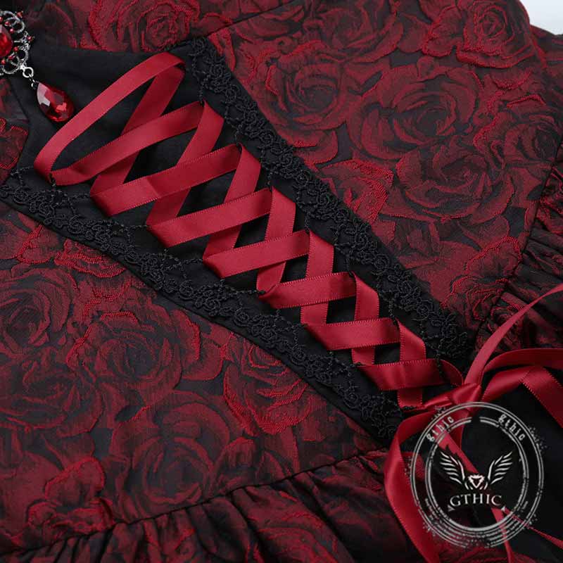 Gothic Rose Jacquard Y2K Lace-Up Slip Dress