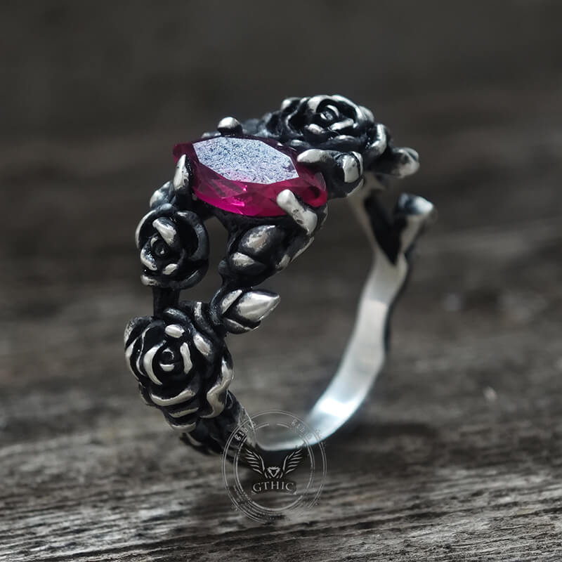 Gothic Rose Red Gemstone Sterling Silver Ring | Gthic.com