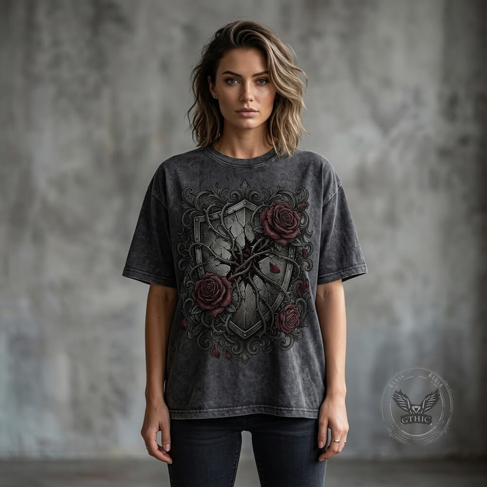 Gothic Rose Shield Cotton Vintage Washed T-Shirt | Gthic.com