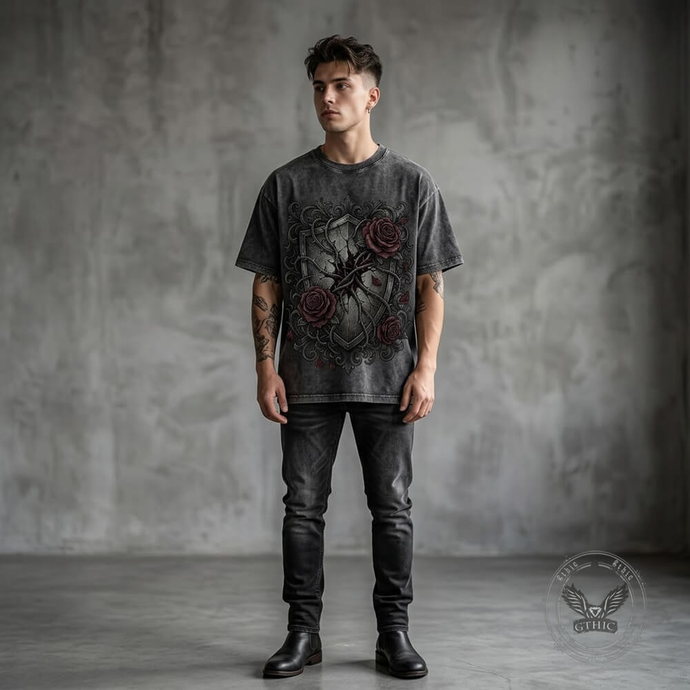 Gothic Rose Shield Cotton Vintage Washed T-Shirt