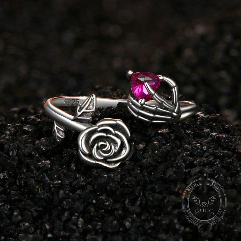 Gothic Rose Skeleton Sterling Silver Open Zircon Ring