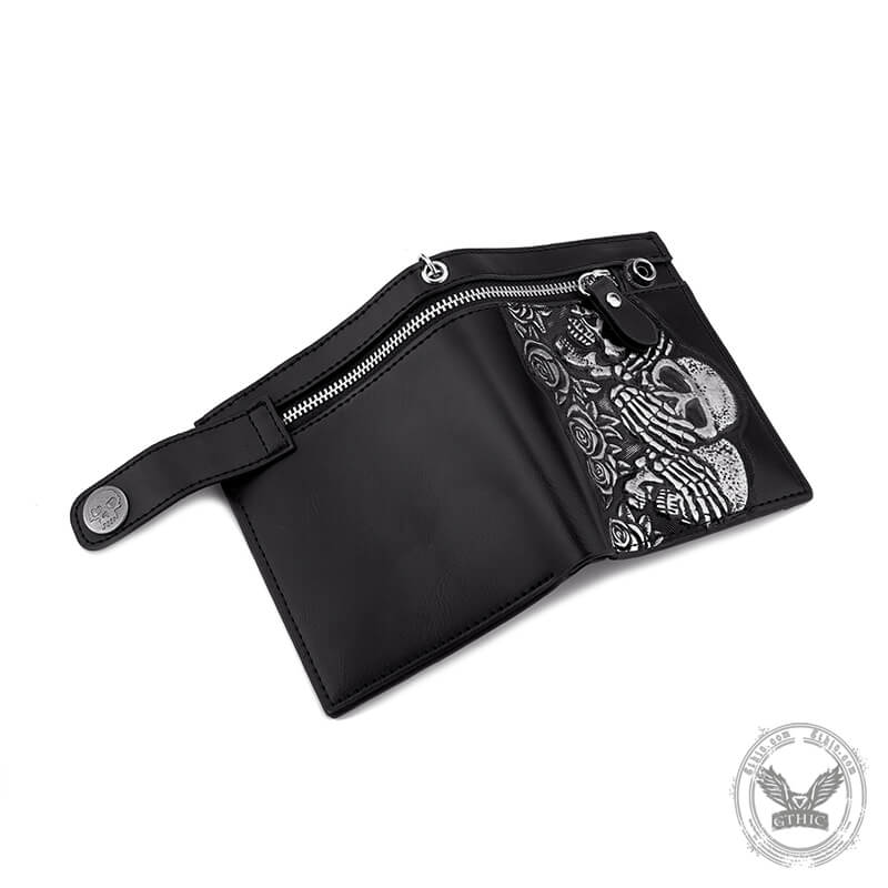 Gothic Rose Skull Biflod Leather Chain Wallet | Gthic.com