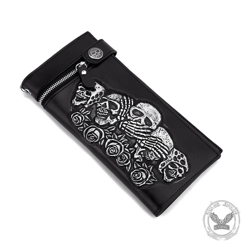 Gothic Rose Skull Bifold Leather Chain Wallet| Gthic.com