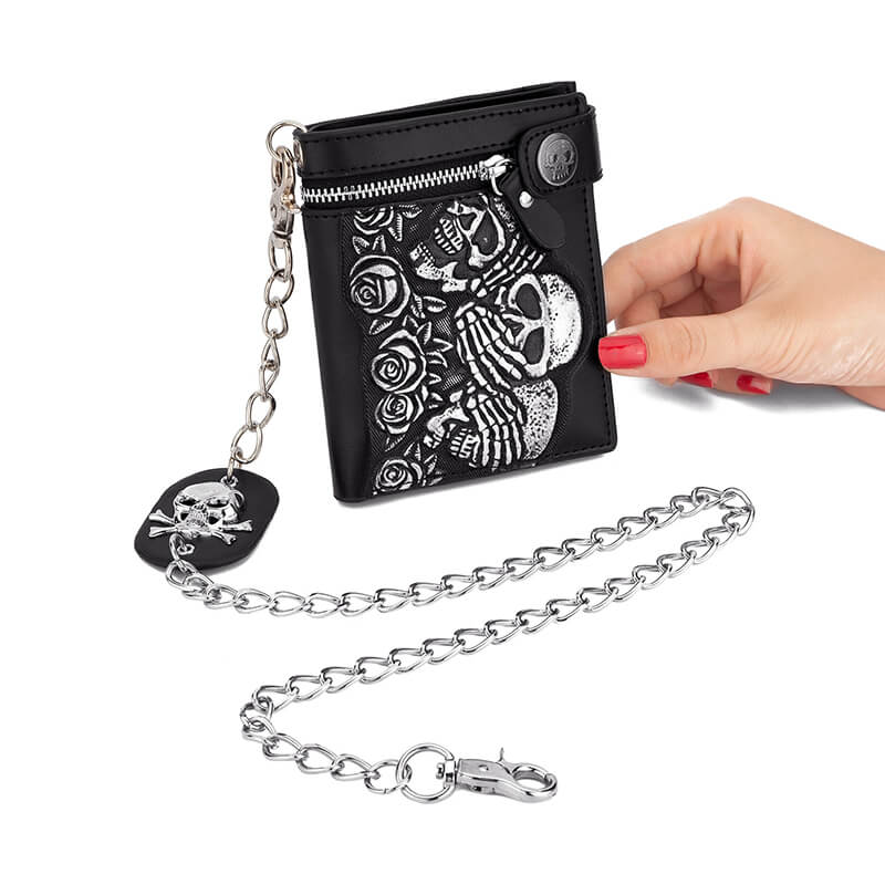 Gothic Rose Skull Bifold Leather Chain Wallet| Gthic.com