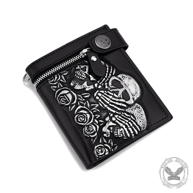 Gothic Rose Skull Bifold Leather Chain Wallet| Gthic.com