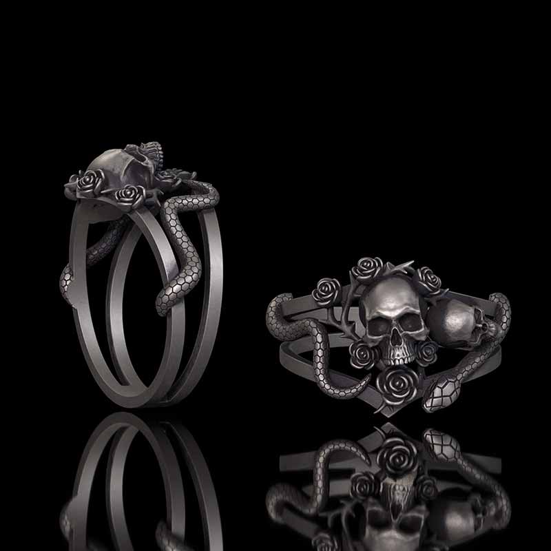 Gothic Rose Skull Snake Entwined Sterling Silver Ring | Gthic.com