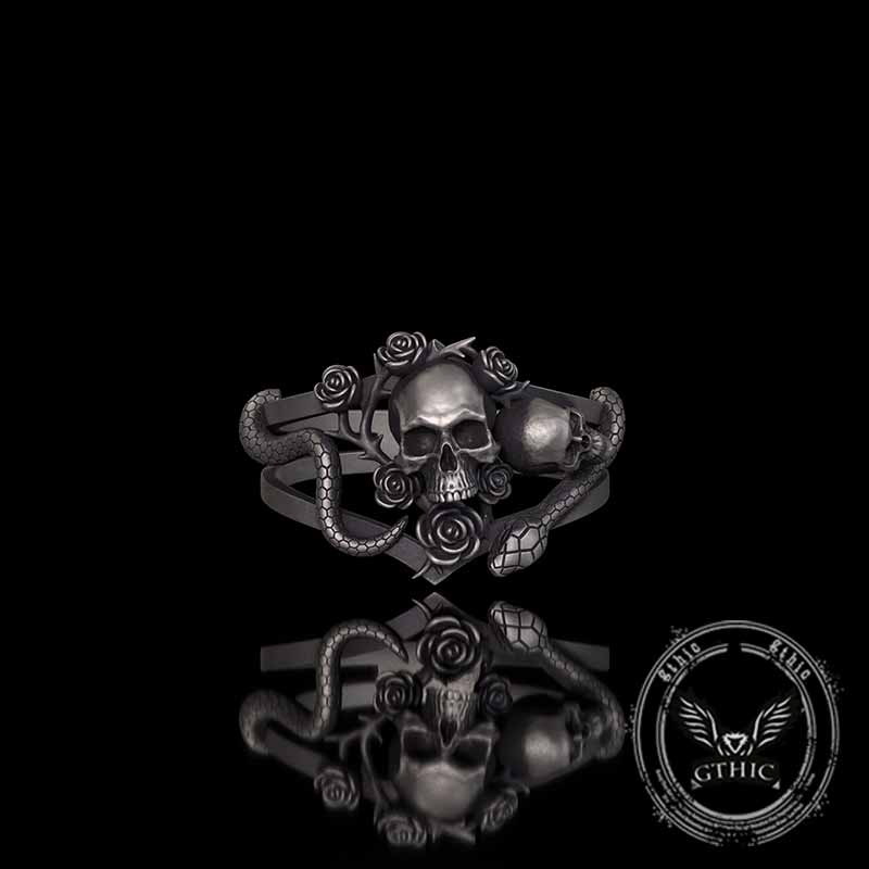 Gothic Rose Skull Snake Entwined Sterling Silver Ring | Gthic.com