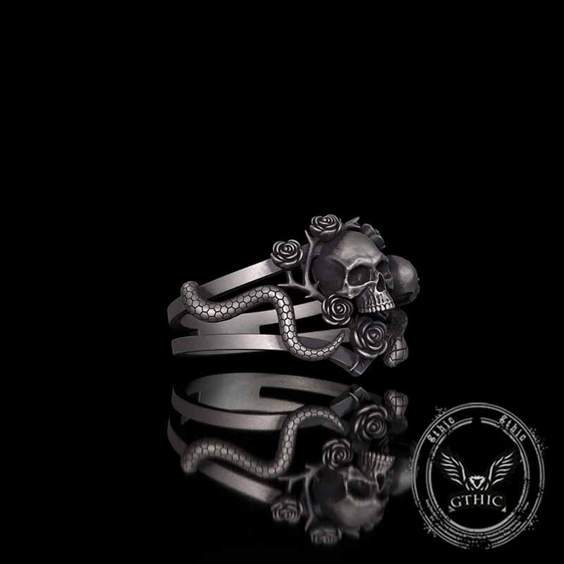 Gothic Rose Skull Snake Entwined Sterling Silver Ring | Gthic.com
