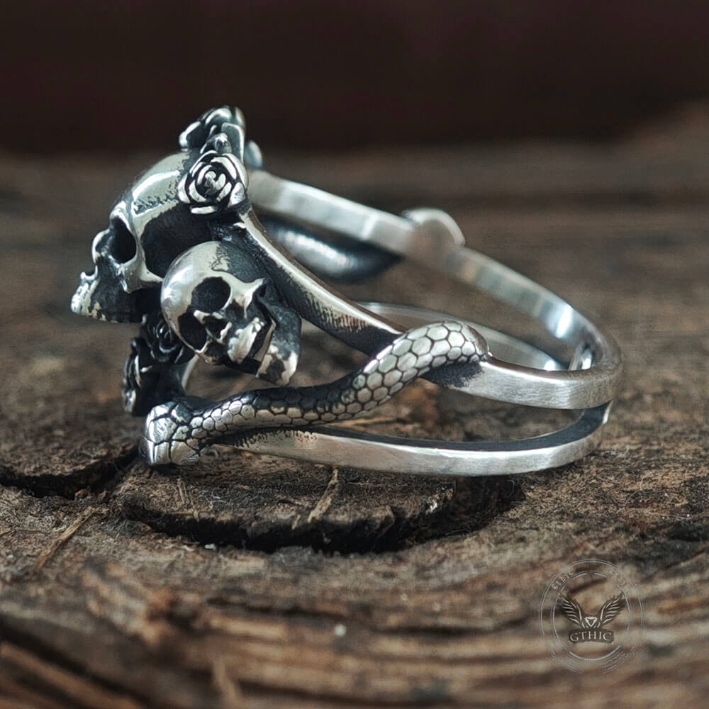 Gothic Rose Skull Snake Entwined Sterling Silver Ring