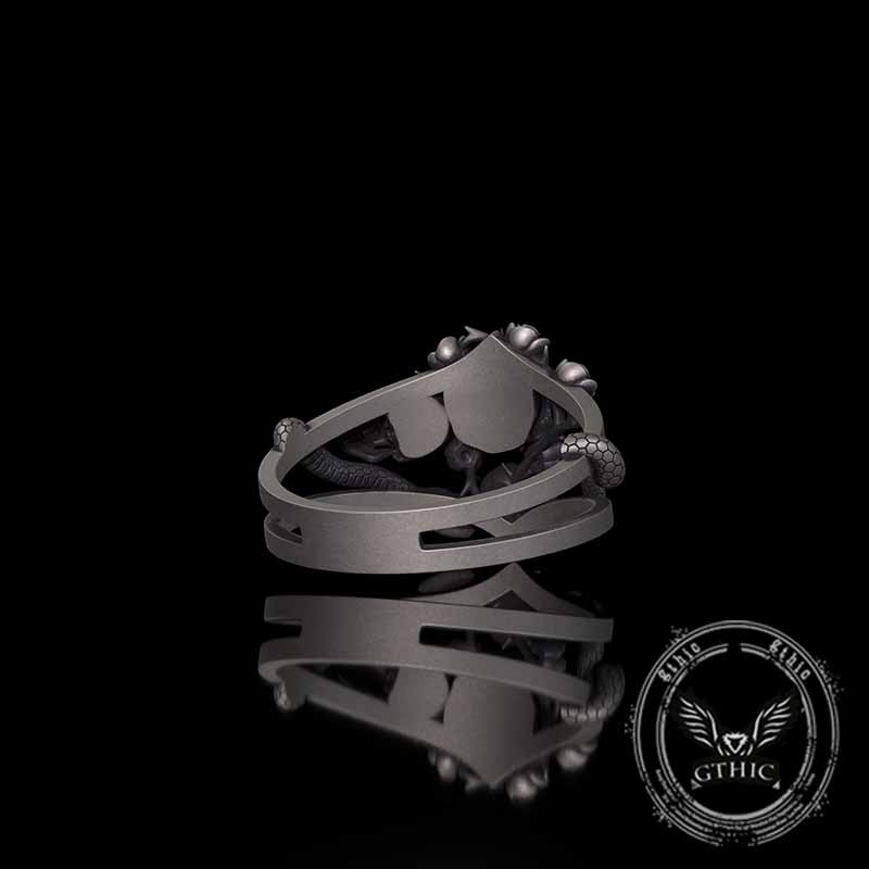 Gothic Rose Skull Snake Entwined Sterling Silver Ring