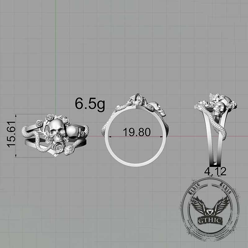 Gothic Rose Skull Snake Entwined Sterling Silver Ring