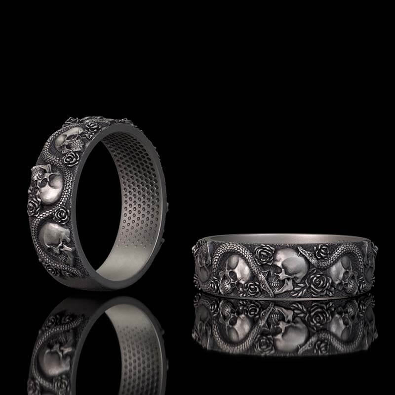 Gothic Rose Skull Snake Sterling Silver Ring 01 | Gthic.com