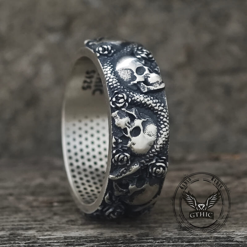 Gothic Rose Skull Snake Sterling Silver Ring | Gthic.com