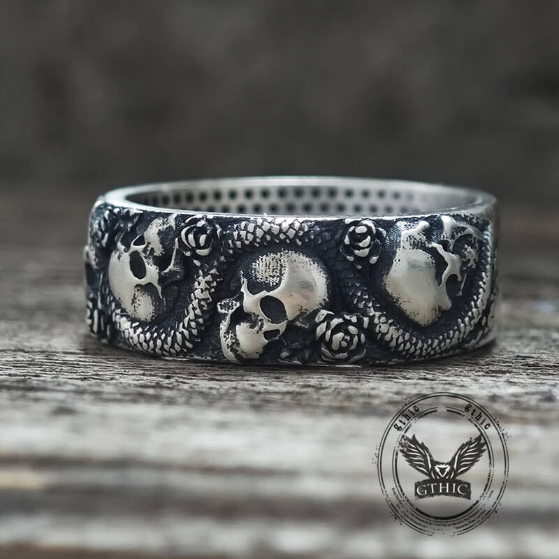 Gothic Rose Skull Snake Sterling Silver Ring | Gthic.com